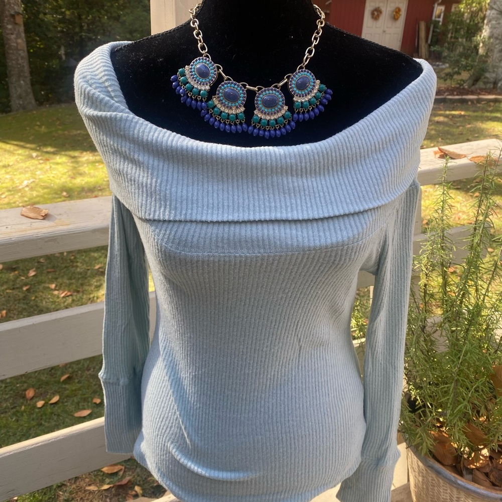 Petite Rib, off the shoulder chambray sweater, sz large, fits like Med. NWT